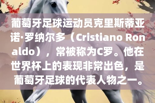 葡萄牙足球运动员克里斯蒂亚诺·罗纳尔多（Cristiano Ronaldo），常被称为C罗。他在世界杯上的表现非常出色，是葡萄牙足球的代表人物之一。
