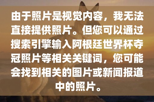 由于照片是视觉内容，我无法直接提供照片。但您可以通过搜索引擎输入阿根廷世界杯夺冠照片等相关关键词，您可能会找到相关的图片或新闻报道中的照片。