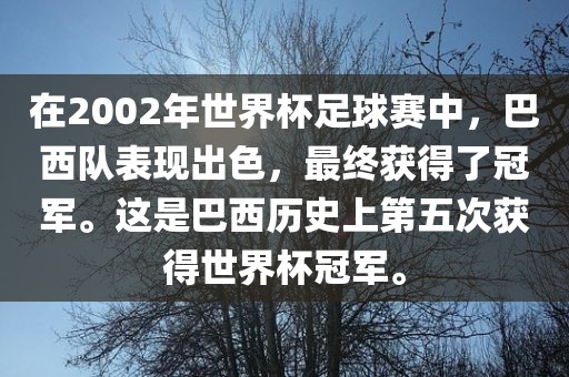 在2002年世界杯足球赛中，巴西队表现出色，最终获得了冠军。这是巴西历史上第五次获得世界杯冠军。