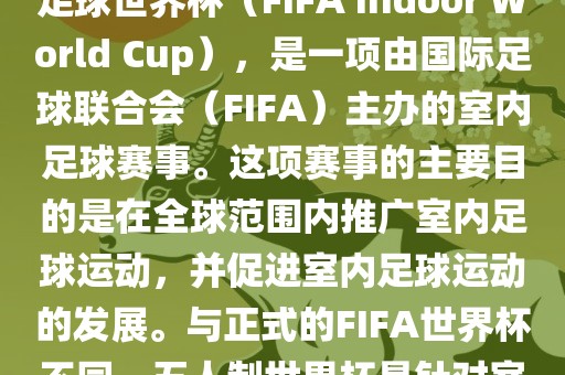 五人制世界杯，也被称为室内足球世界杯（FIFA Indoor World Cup），是一项由国际足球联合会（FIFA）主办的室内足球赛事。这项赛事的主要目的是在全球范围内推广室内足球运动，并促进室内足球运动的发展。与正式的FIFA世界杯不同，五人制世界杯是针对室内足球的比赛。