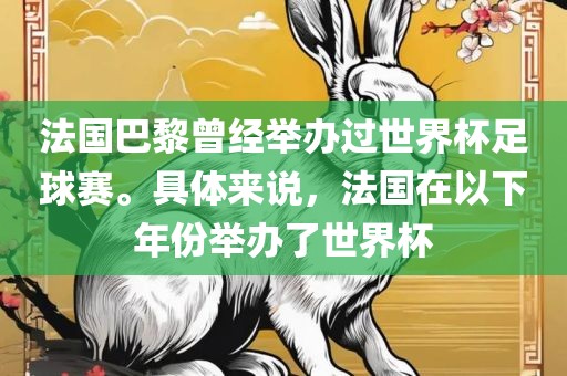 法国巴黎曾经举办眉山市正发家政服务有限公司过世界杯足球赛。具体来说，法国在以下年份举办了世界杯