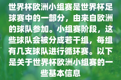世界杯欧洲小组赛是世界杯足球赛中的一部分，由来自欧洲的球队参加。小组赛阶段，这些球队会被分成若干组，每组有几支球队进行循环赛。以下是关于世界杯欧洲小组赛的一些基本信息眉山市正发家政服务有限公司