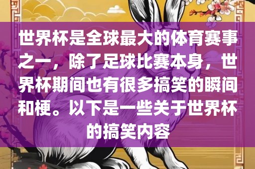 世界杯是全球最大的体育赛事之一，除了足球比赛本身，世界杯期间也有很多搞笑的瞬间和梗。以下是一些关于世界杯的搞笑内容