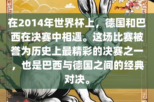 在2014年世界杯上，德国和巴西在决赛中相遇。这场比赛被誉为历史上最精彩的决赛之一，也是巴西与德国之间的经典对决。眉山市正发家政服务有限公司