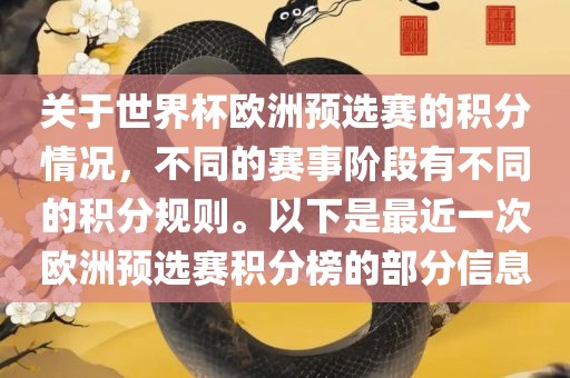 关于世界杯欧洲预选赛的积分情况，不同的赛事阶段有不同的积分规则。以下是最近一次欧洲预选赛积分榜的部分信息
