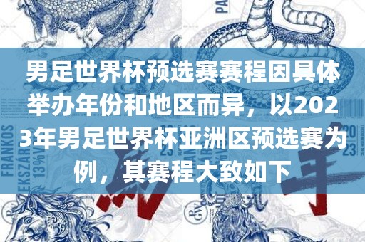 男足世界杯预选赛赛程因具体举办年份和地区而异，以2023年男足世界杯亚洲区预选赛为例，其赛程大致如下
