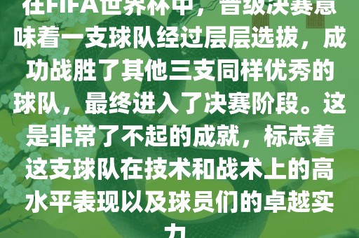 在FIFA世界杯中，晋级决赛意味着一支球队经过层层选拔，成功战胜了其他三支同样优秀的球队，最终进入了决赛阶段。这是非常了不起的成就，标志着这支球队在技术和战术上的高水平表现以及球员们的卓越实力。