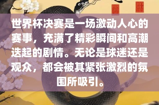 世界杯决赛是一场激动人心的赛事，充满了精彩瞬间和高潮迭起的剧情。无论是球迷还是观众，都会被其紧张激烈的氛围所吸引。