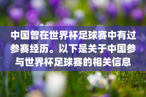 中国曾在世界杯足球赛中有过参赛经历。以下是关于中国参与世界杯足球赛的相关信息