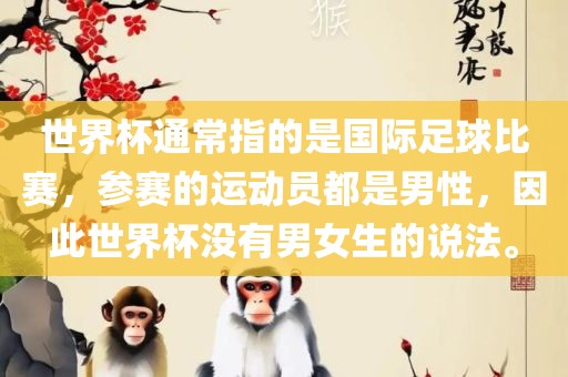 世界杯通常指的是国际足球比赛，参赛的运动员都是男性，因此世界杯没有男女生的说法。